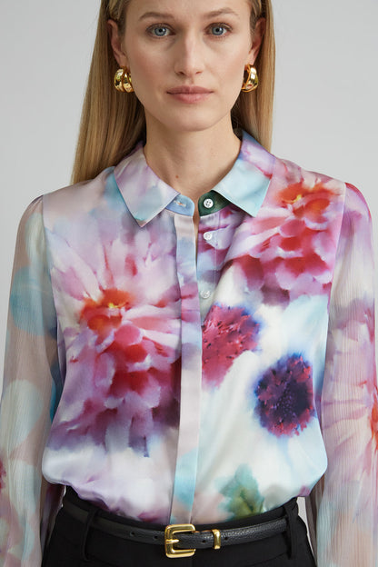 Women Mixed Media Silk Floral Shirt  | Elie Tahari
