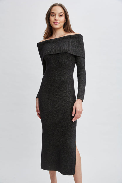 Women Metallic Cashmere Off Shoulder Dress Noir Lurex | Elie Tahari