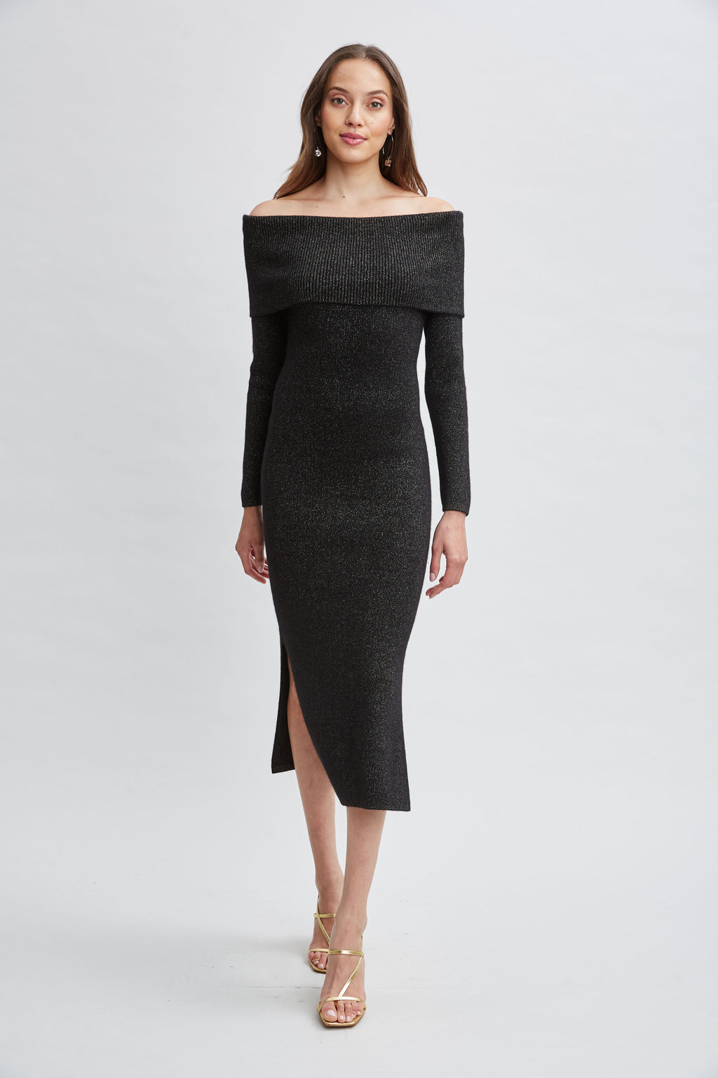 Women Metallic Cashmere Off Shoulder Dress Noir Lurex | Elie Tahari