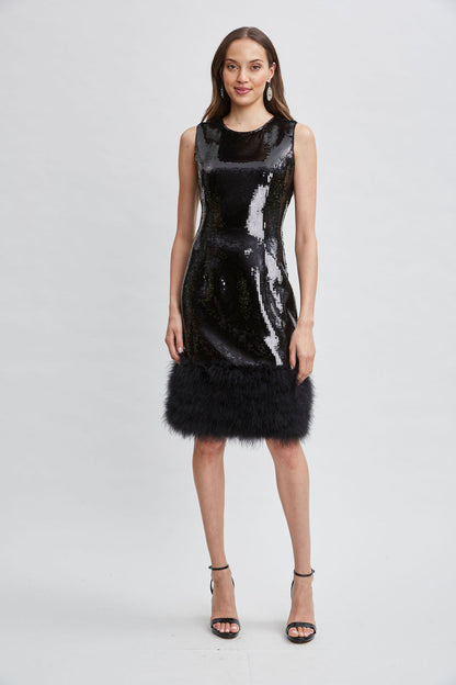 Women Sequin Feather Hem Dress Noir Sequin | Elie Tahari