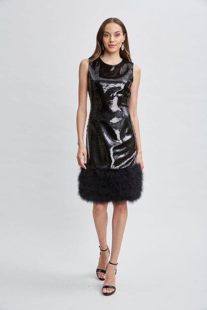 Women Sequin Feather Hem Dress Noir Sequin | Elie Tahari