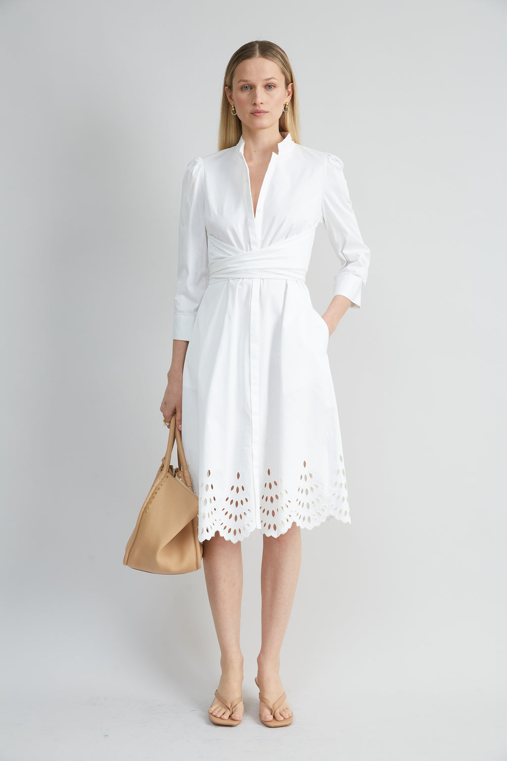Women Cotton Tie Embroidered Dress  | Elie Tahari