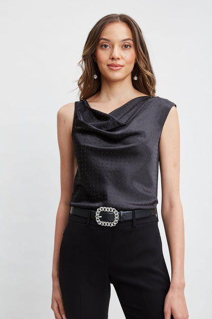Women Satin Crystal Cowl Top Black-Black | Elie Tahari