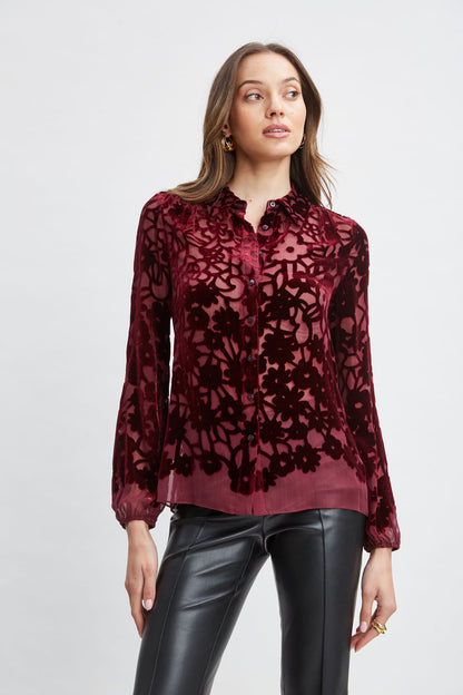 Women Stencil Burnout Velvet Shirt  | Elie Tahari
