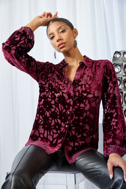 Women Stencil Burnout Velvet Shirt  | Elie Tahari