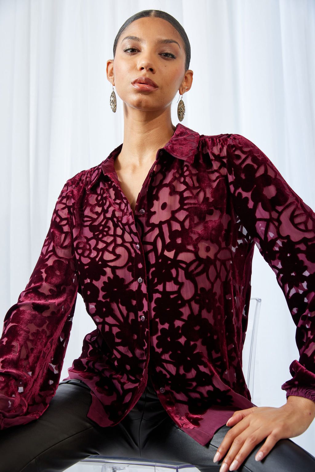 Women Stencil Burnout Velvet Shirt  | Elie Tahari