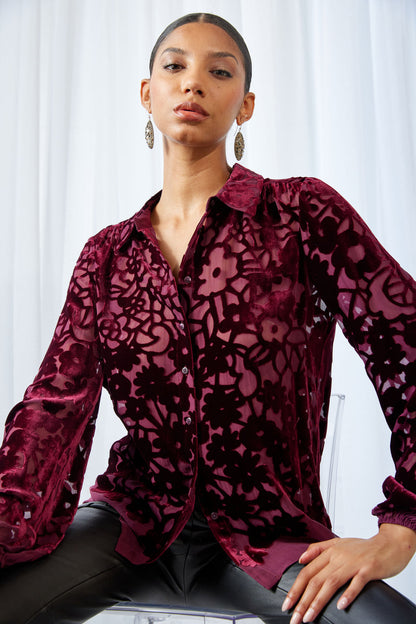 Women Stencil Burnout Velvet Shirt  | Elie Tahari