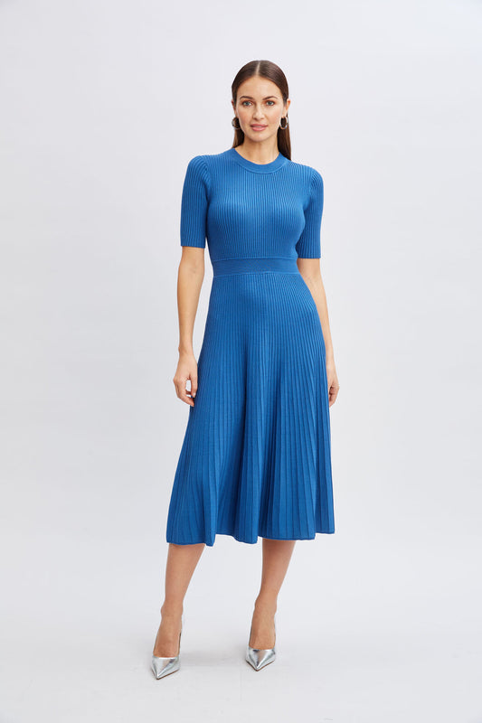 Women Short Sleeve Rib Flare Sweater Dress Blue Plate | Elie Tahari