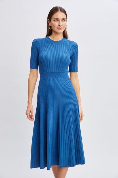 Women Short Sleeve Rib Flare Sweater Dress Blue Plate | Elie Tahari