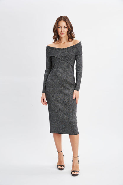 Women Off Shoulder Metallic Sweater Dress Noir With Silver Lurex | Elie Tahari