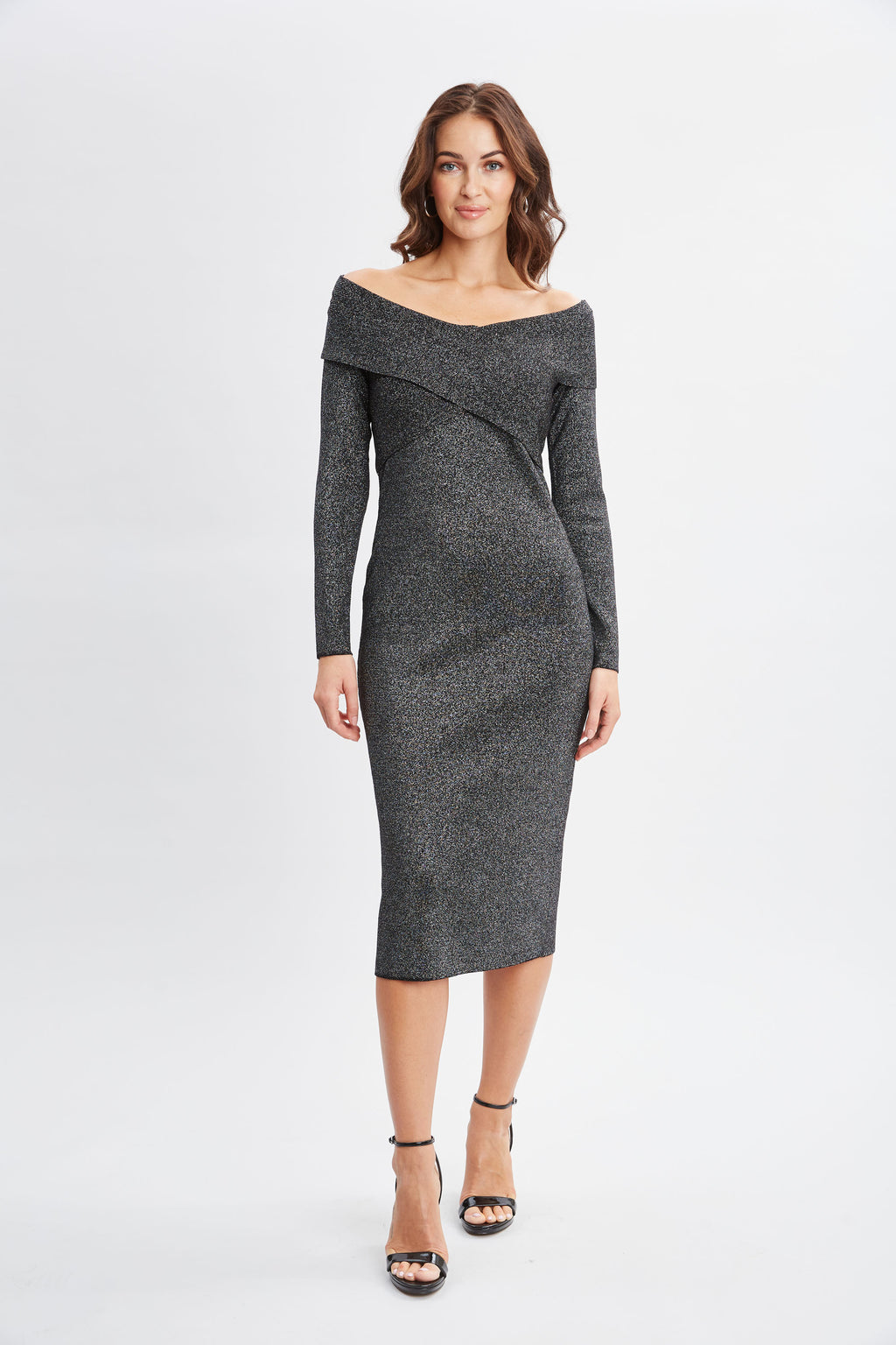 Women Off Shoulder Metallic Sweater Dress Noir With Silver Lurex | Elie Tahari