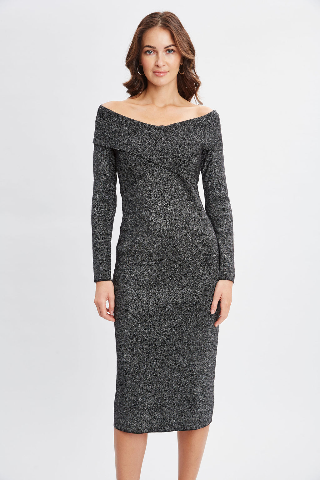 Women Off Shoulder Metallic Sweater Dress Noir With Silver Lurex | Elie Tahari