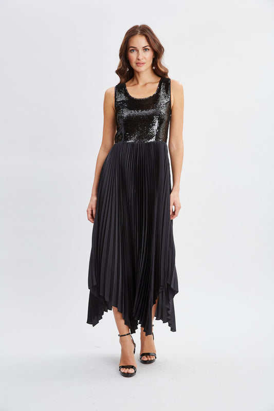 Women Sequin Bodice Pleated Dress Noir | Elie Tahari
