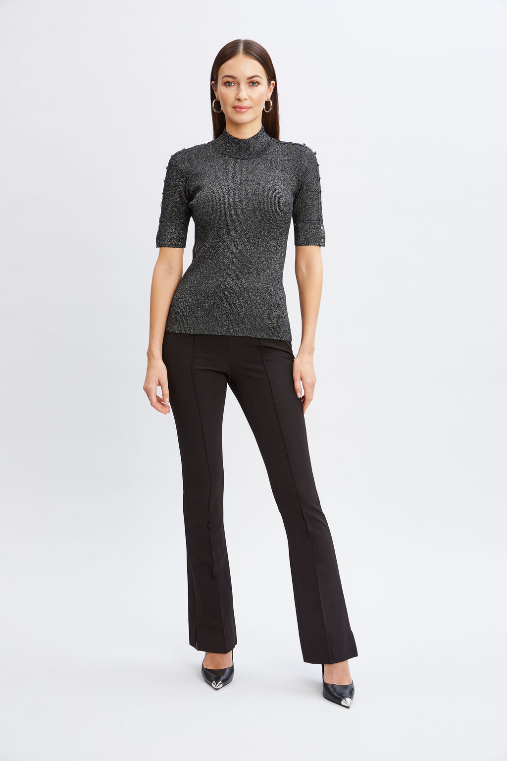 Women Metallic Mock Neck Short Sleeve Sweater  | Elie Tahari