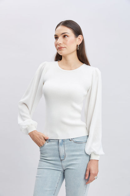 Women Chiffon Sleeve Rib Sweater  | Elie Tahari