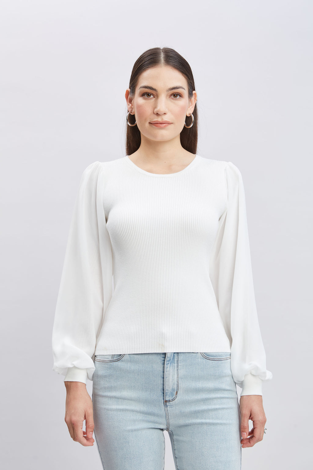 Women Chiffon Sleeve Rib Sweater  | Elie Tahari