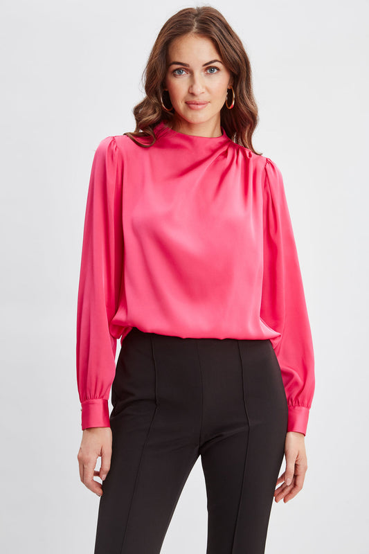 Women Silk Pleated Draped Neck Shirt  | Elie Tahari