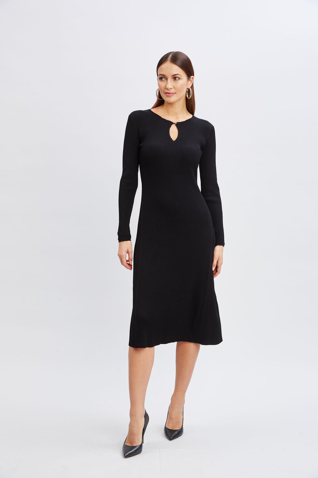 Women Scallop Keyhole Sweater Dress Noir | Elie Tahari