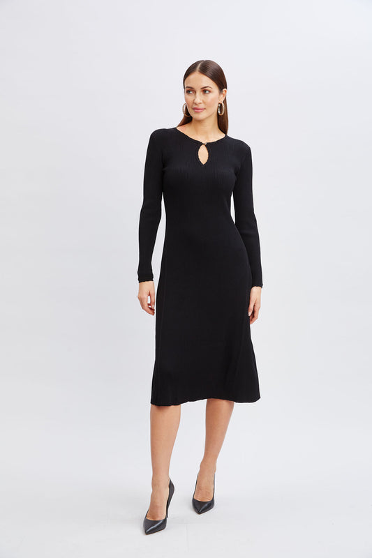 Women Scallop Keyhole Sweater Dress Noir | Elie Tahari