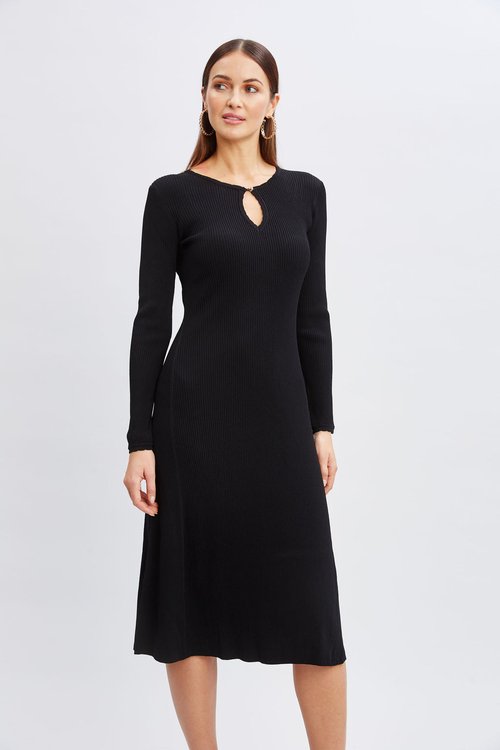 Women Scallop Keyhole Sweater Dress Noir | Elie Tahari