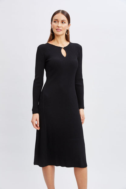Women Scallop Keyhole Sweater Dress Noir | Elie Tahari