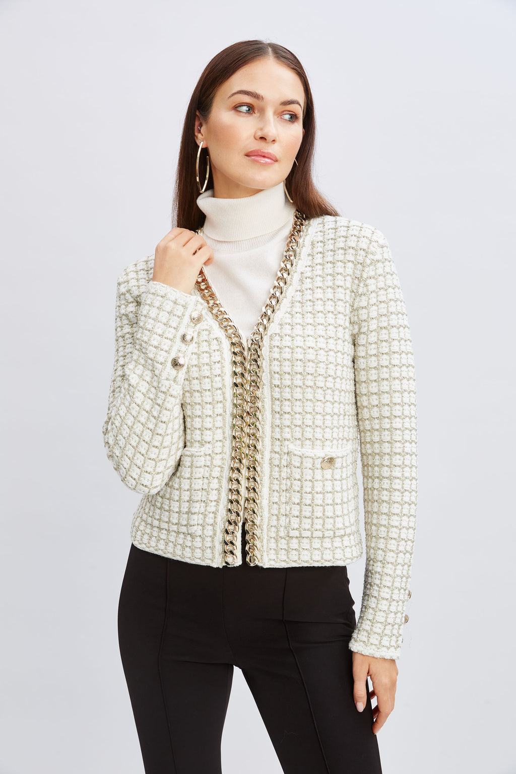 Women Chain Trim Metallic Cardigan  | Elie Tahari