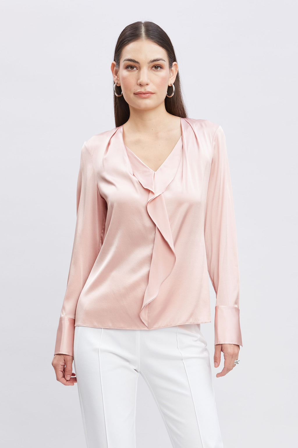 Women Silk Satin Ruffle Contour Shirt Pink Lemonade | Elie Tahari