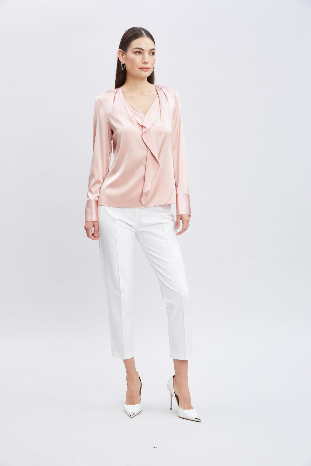 Women Silk Satin Ruffle Contour Shirt Pink Lemonade | Elie Tahari