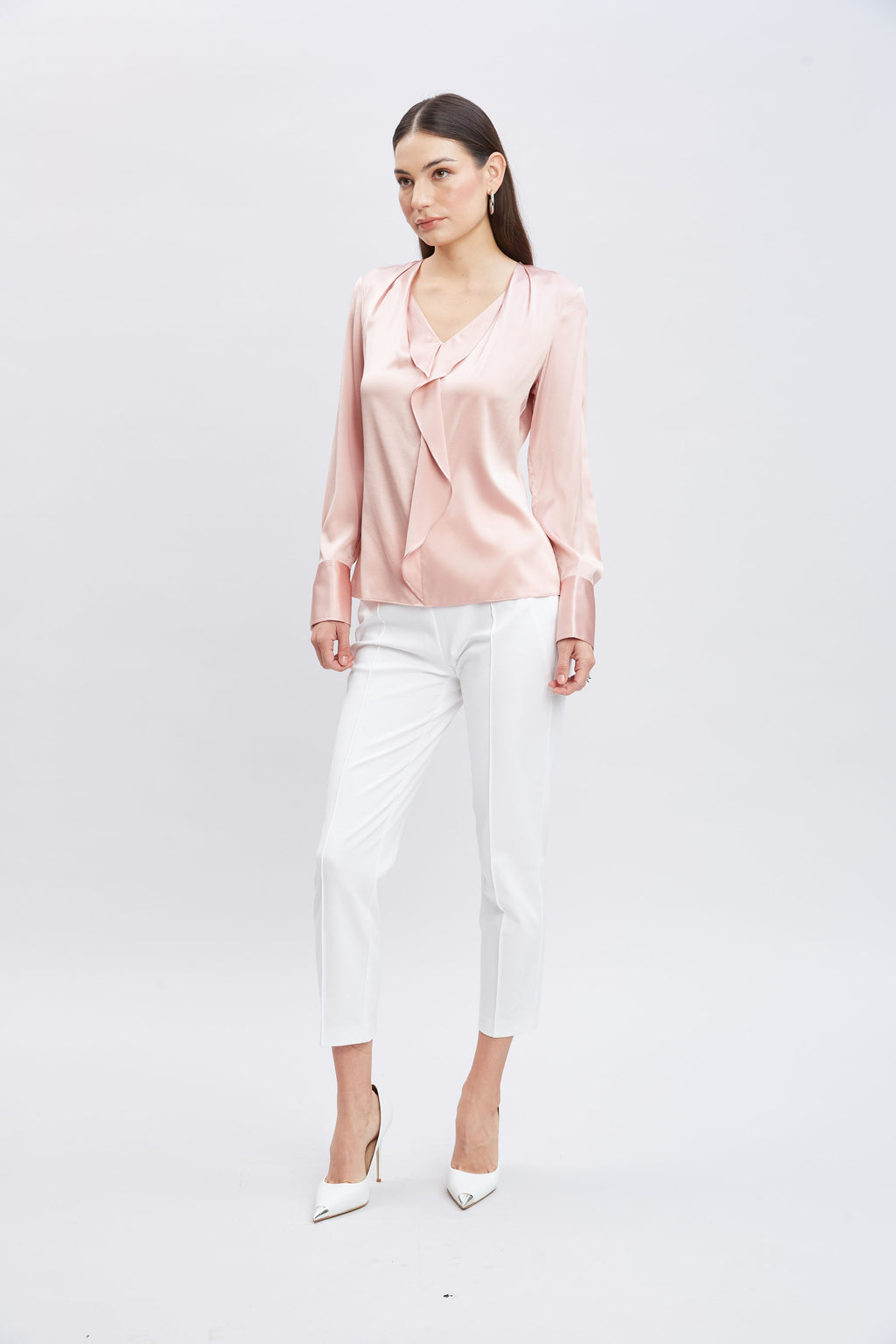 Women Silk Satin Ruffle Contour Shirt Pink Lemonade | Elie Tahari