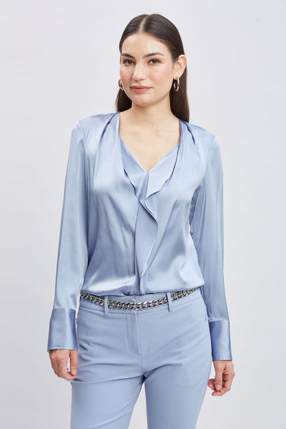 Women Silk Satin Contour Ruffle Shirt Blue Haze | Elie Tahari