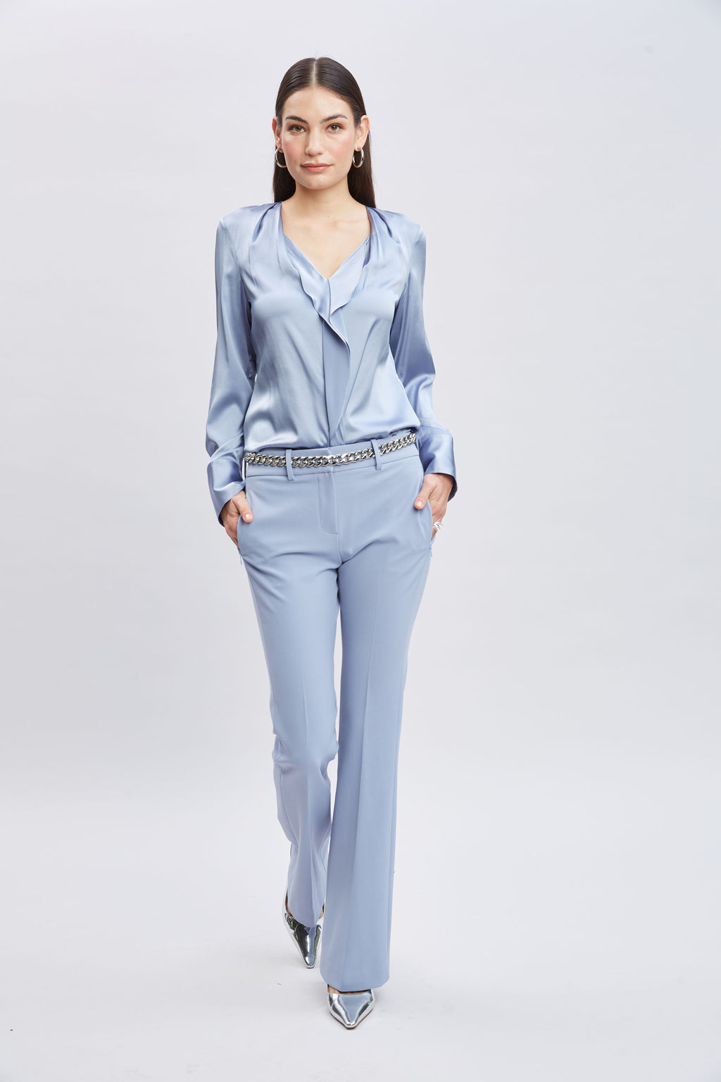Women Silk Satin Contour Ruffle Shirt Blue Haze | Elie Tahari