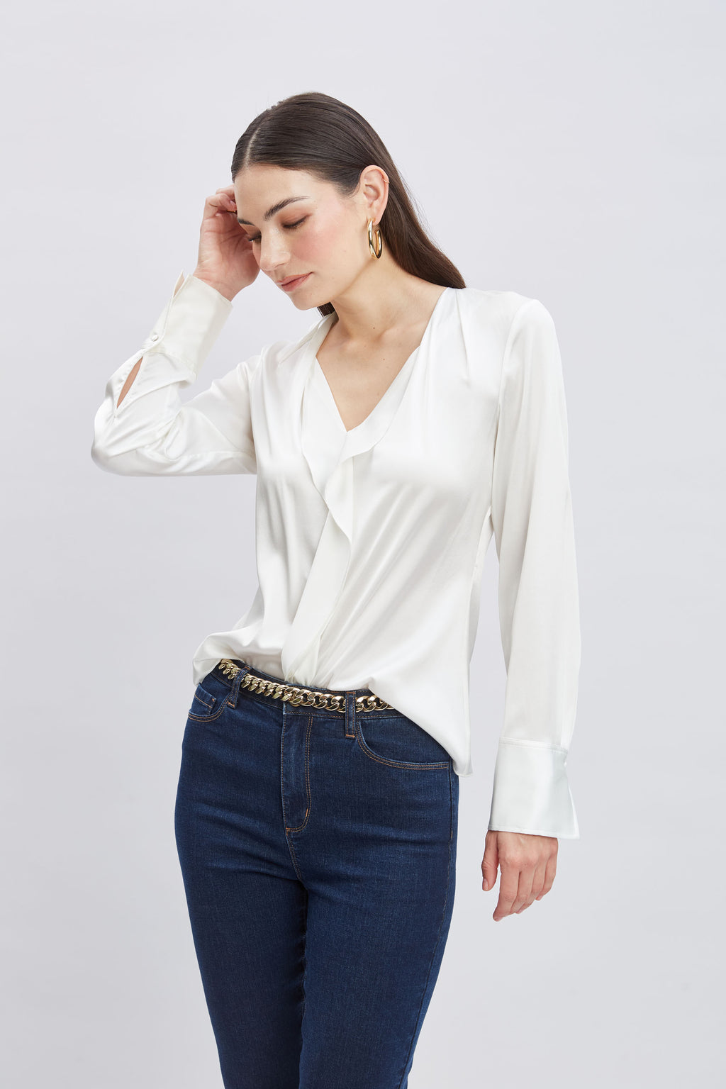 Women Silk Satin Contour Ruffle Shirt  | Elie Tahari