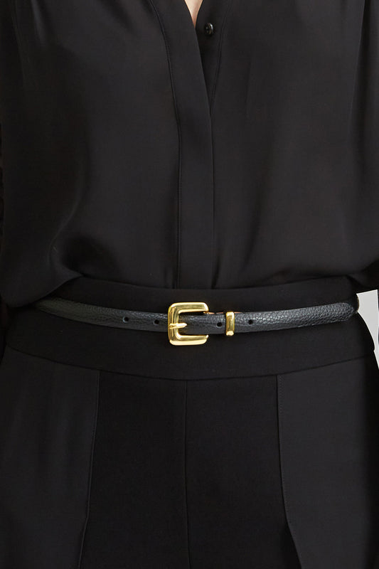 Women Skinny Leather Belt Black-Gold | Elie Tahari