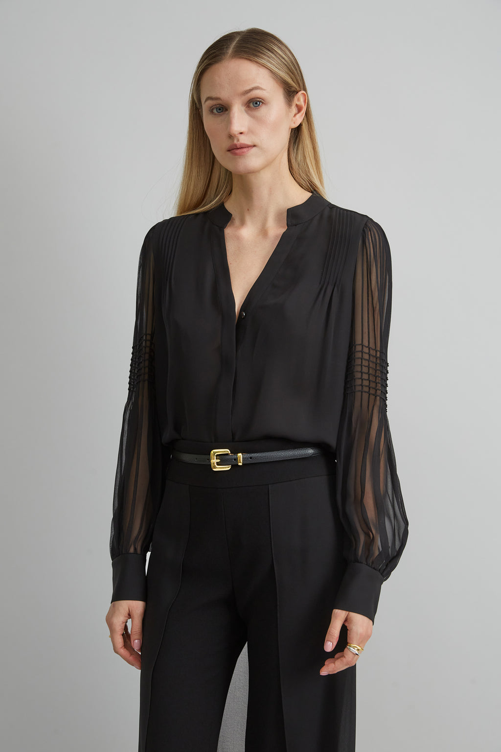 Women Skinny Leather Belt Black-Gold | Elie Tahari