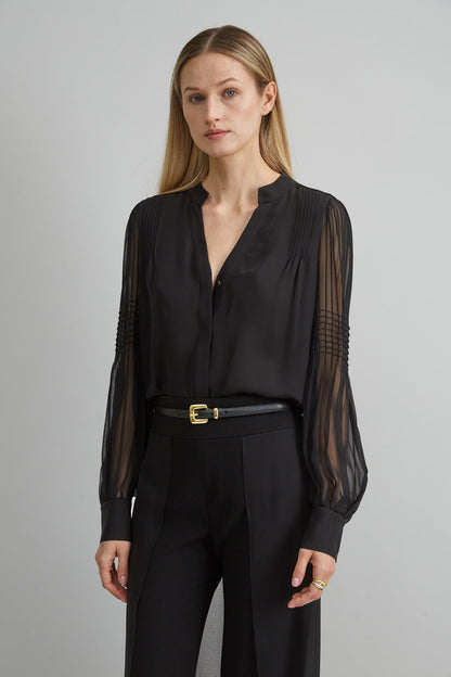 Women Skinny Leather Belt Black-Gold | Elie Tahari